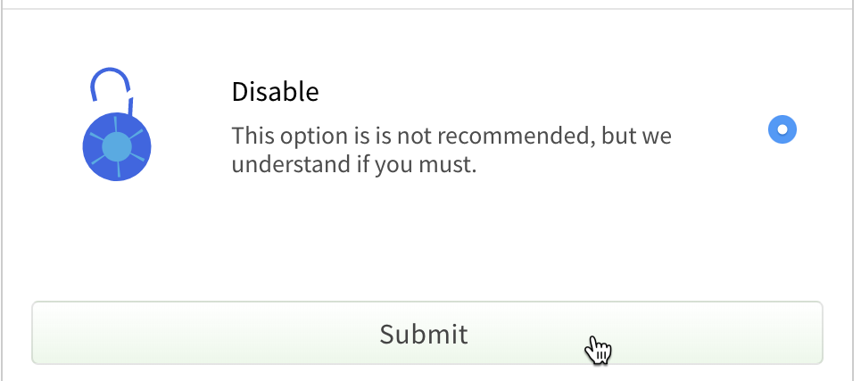 Screenshot showing Disable 2FA submit button